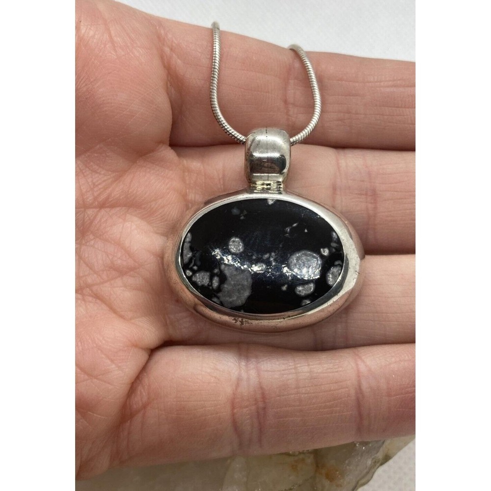 Vintage Black & Gray Agate Pendant Sterling 925 Silver 24''‎ Chain Necklace 18g